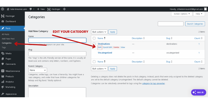 How to edit a category in wordpress